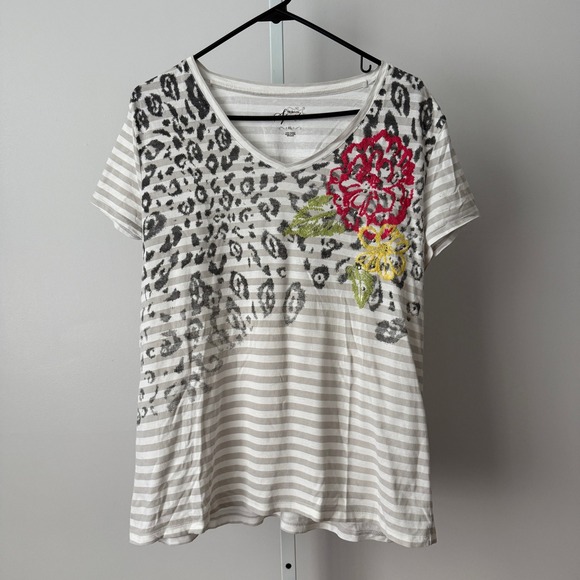 Style & Co. Tops - Style & Co XL Gray Striped T-Shirt Leopard Floral Embroidery Slouchy Flowy